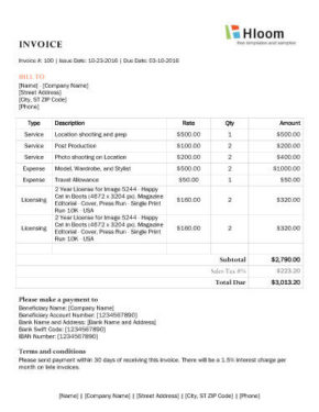 Photography Invoice Services Expenses Licensing Word 290x375
