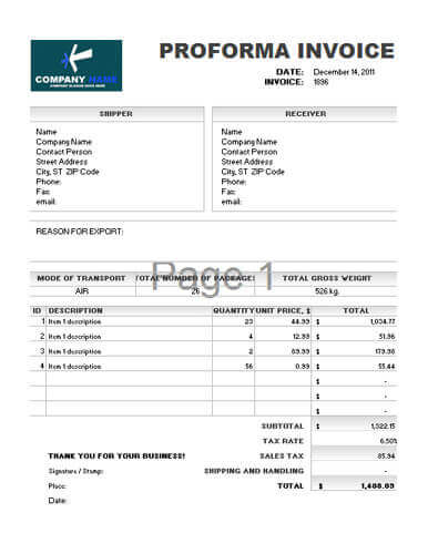 Proforma Invoice Template Word