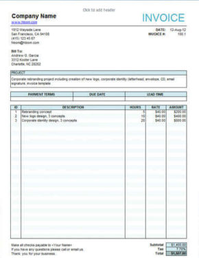 Service Invoice for Freelancers 290x375