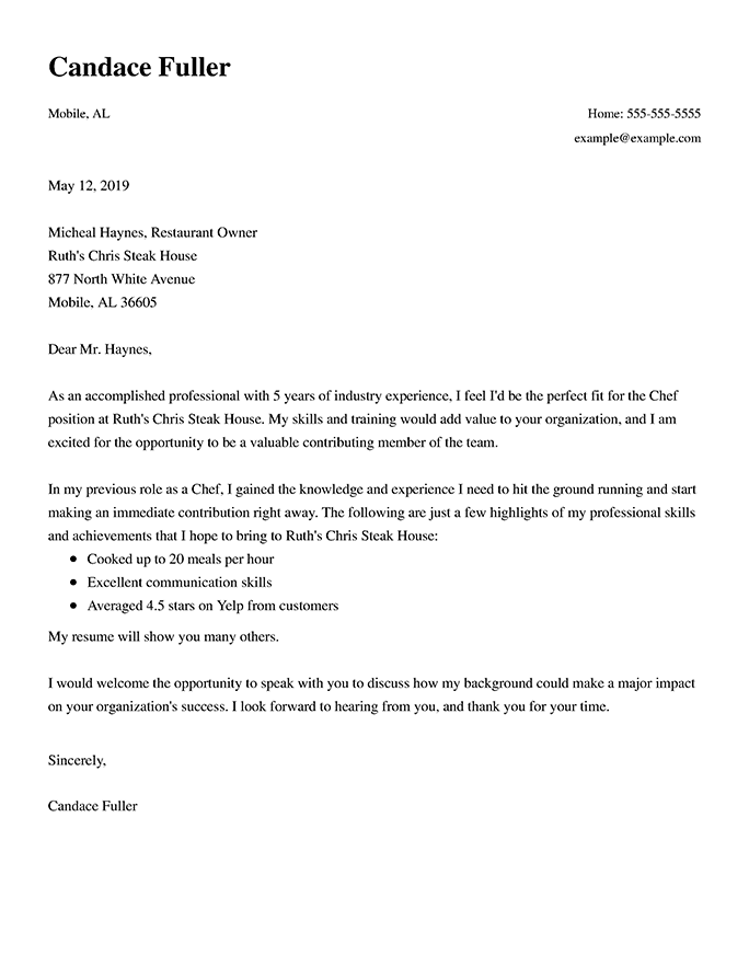 cover letter for chef de partie with experience