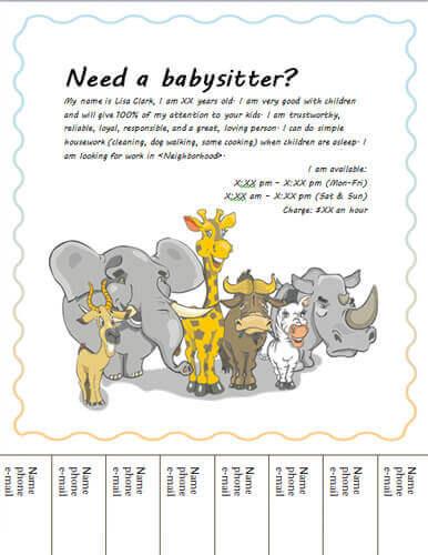 Babysitting flyer with animals