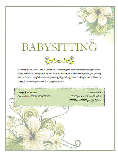 Babysitting flyer with green flowers