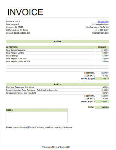 Basic Service Invoice for Labor and Parts with Tax