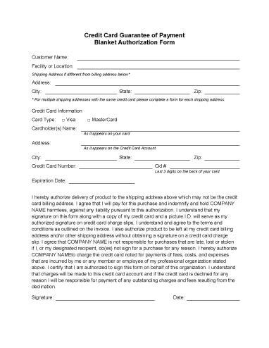 Blanket Charge Authorization Form
