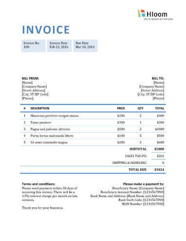 Blue Boxed Invoice Template Word