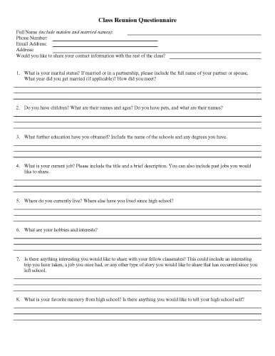 Class Reunion Questionnaire