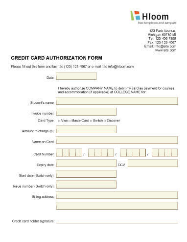 Credit Card Authorization Forms Hloom