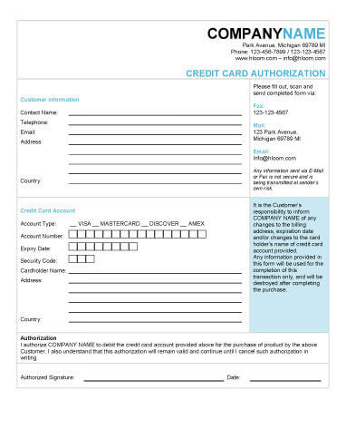 Elegant Charge Authorization Form