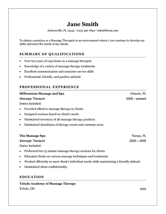 massage therapist resume example