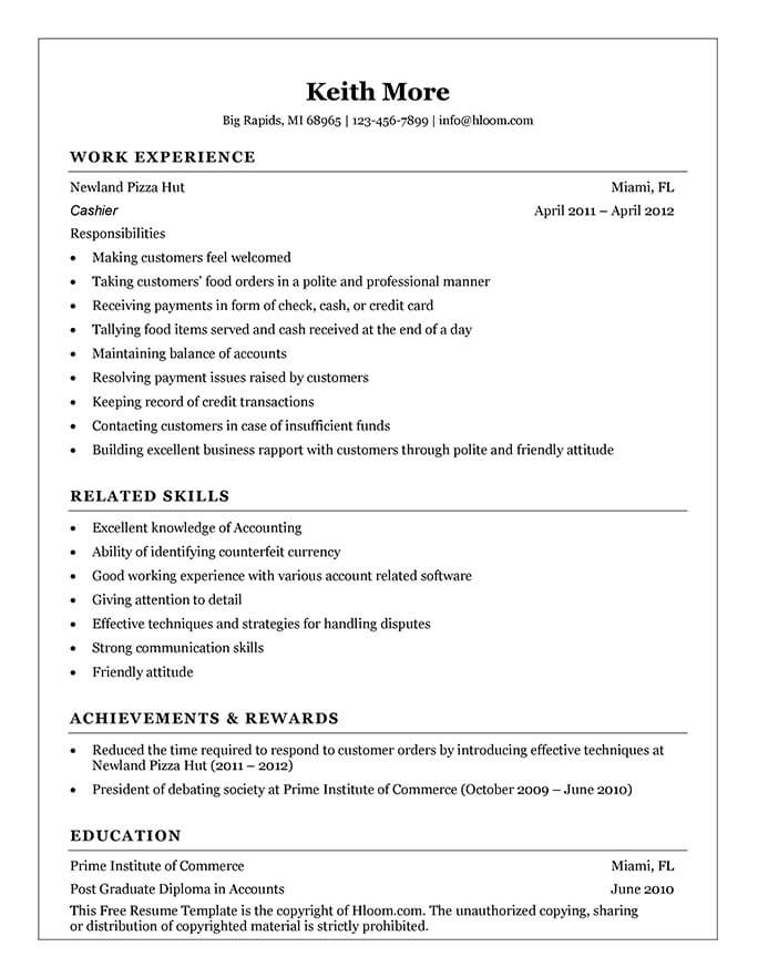 sample resume cashier work experience