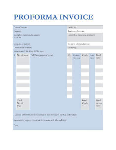 Blue banded row theme Proforma Invoice sample