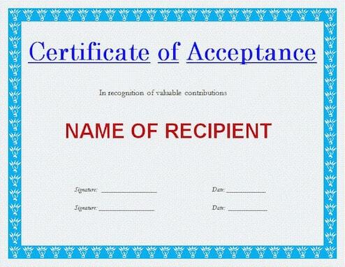 generic certificate of acceptance