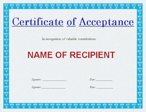 Generic Certificate of Acceptance