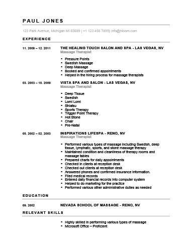 Generic Therapeutic Massage Therapy Resume