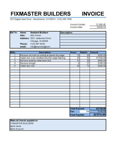 Hourly Roofing Service Invoice