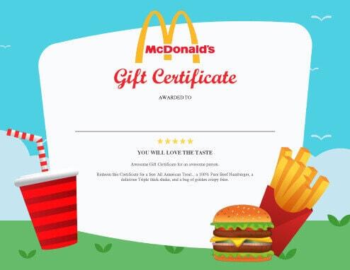 Mcdonalds Gift Certificate