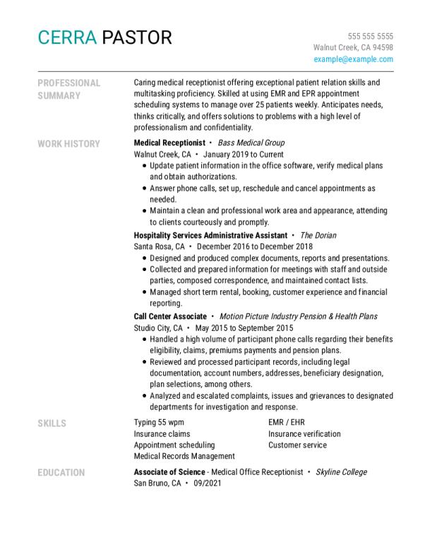Medical receptionist resume example