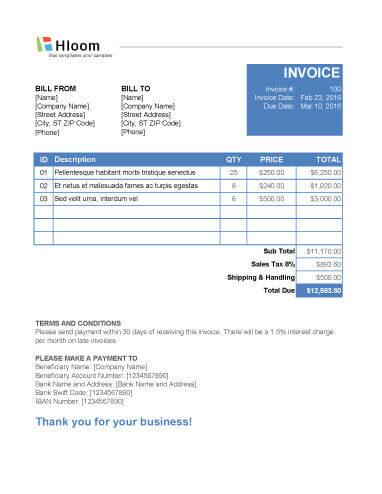 Download Excel Invoice Template from www.hloom.com