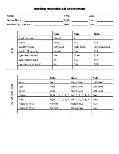 Neurological Assessment Chart