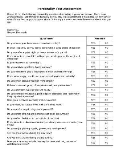 Personality Test Assessment