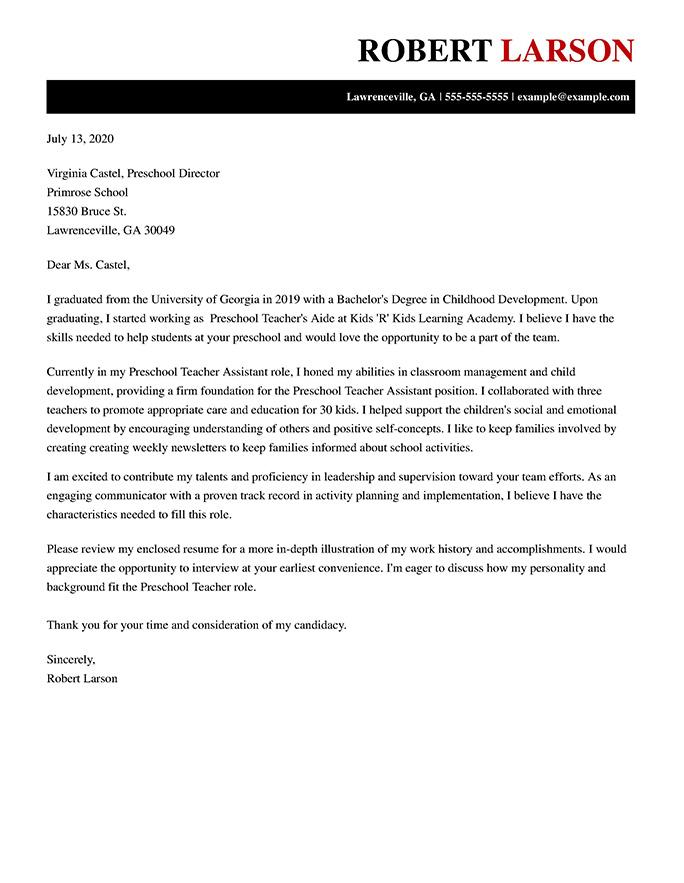 Preschool Teacher Assistant Cover Letter Example and ...