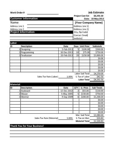 microsoft excel estimate template