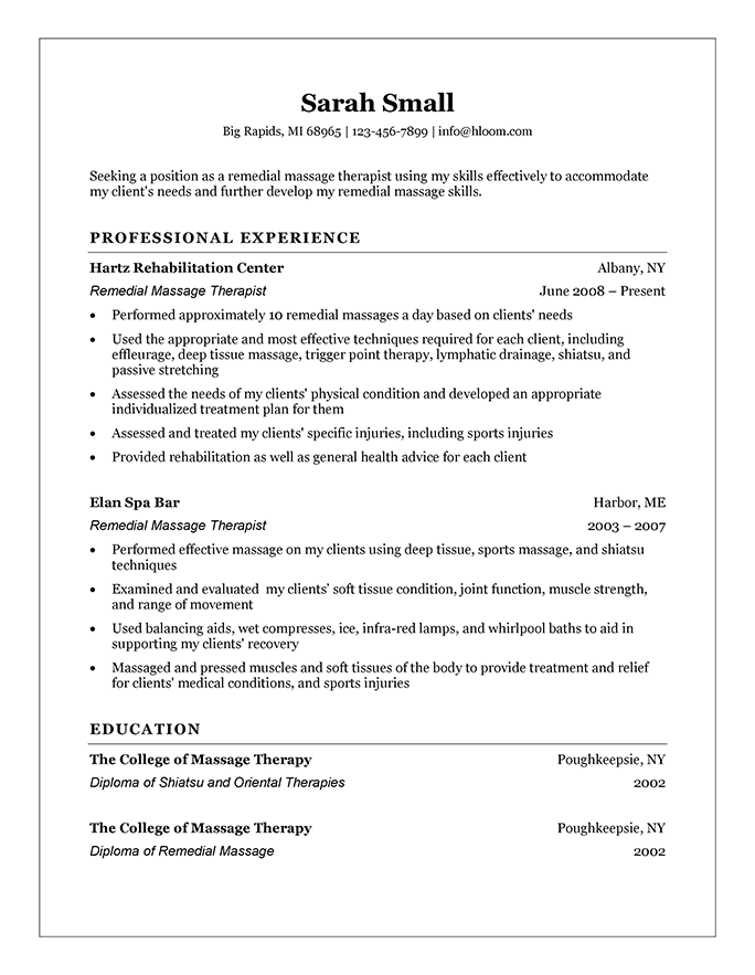 massage therapist resume example