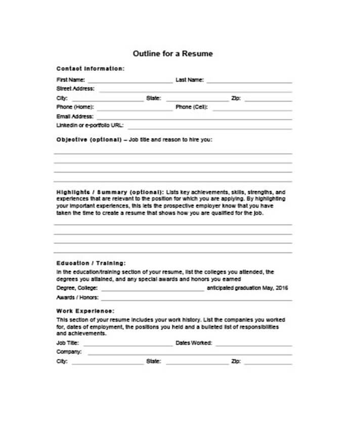 5 Customizable Resume Outline Templates and WorkSheets | Hloom
