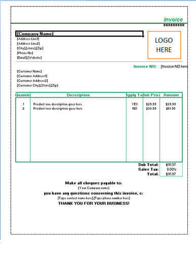 Sample invoice with optional sales tax