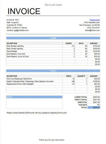 Service invoice for hourly billed labor and parts one tax rate