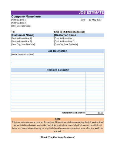 microsoft excel estimate template