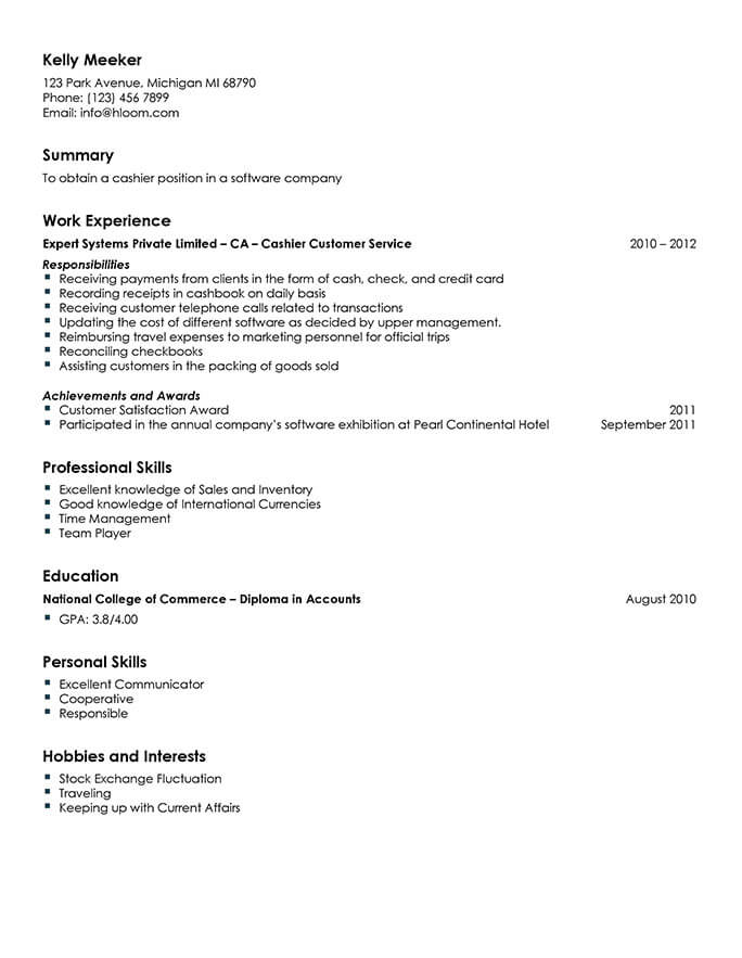 Software House Cashier Resume Template