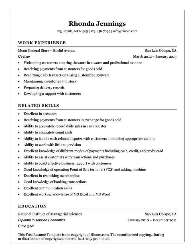 sample resume for parking cashier