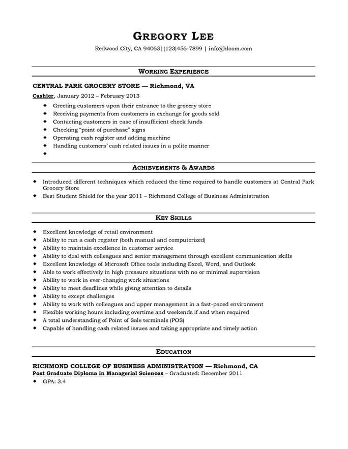 resume sample for cashier at a supermarket