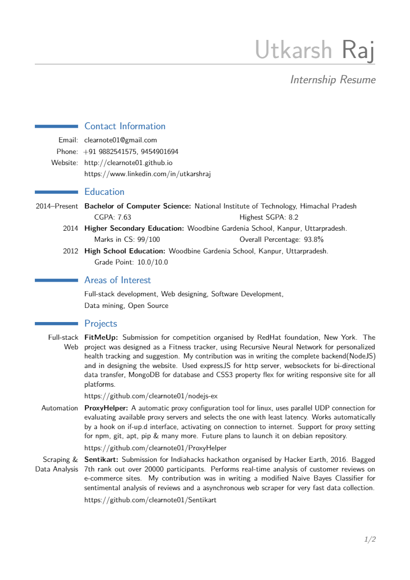 Utkarsh Raj’s Internship Résumé