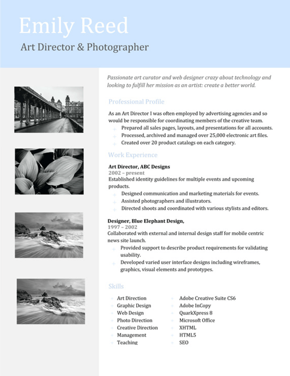 Art Director and Photographer Resume Sample