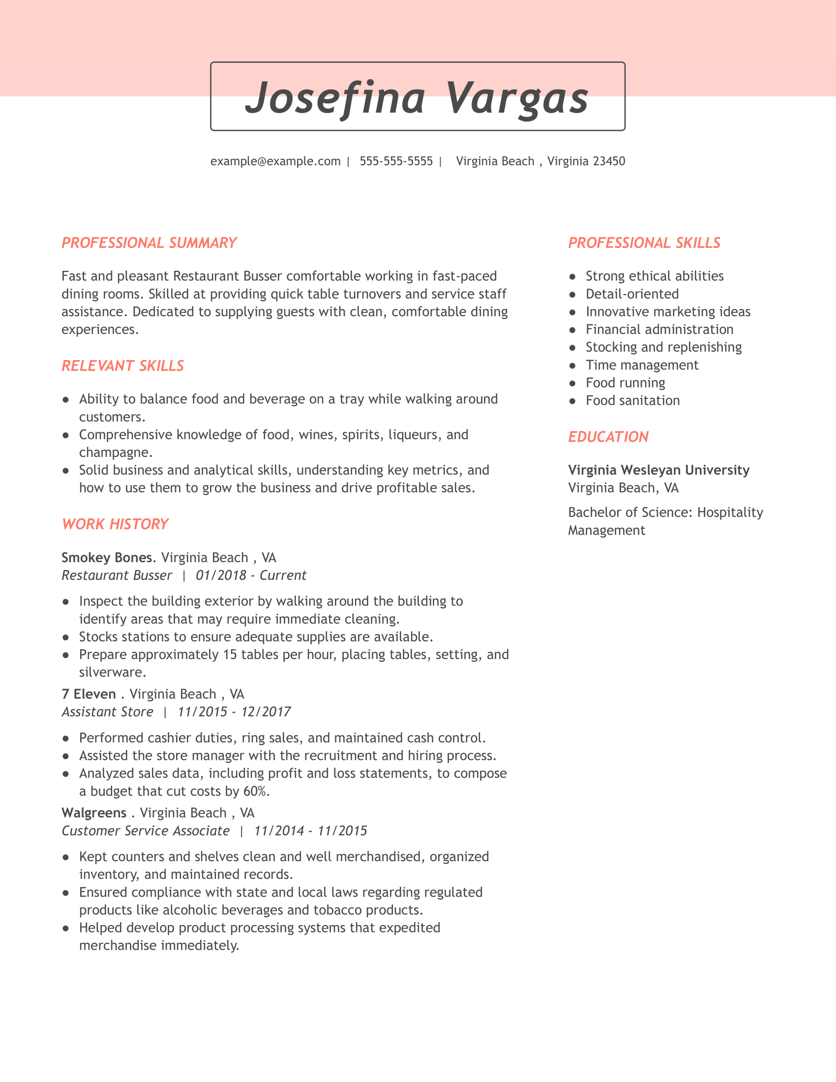 Busser Resume Example