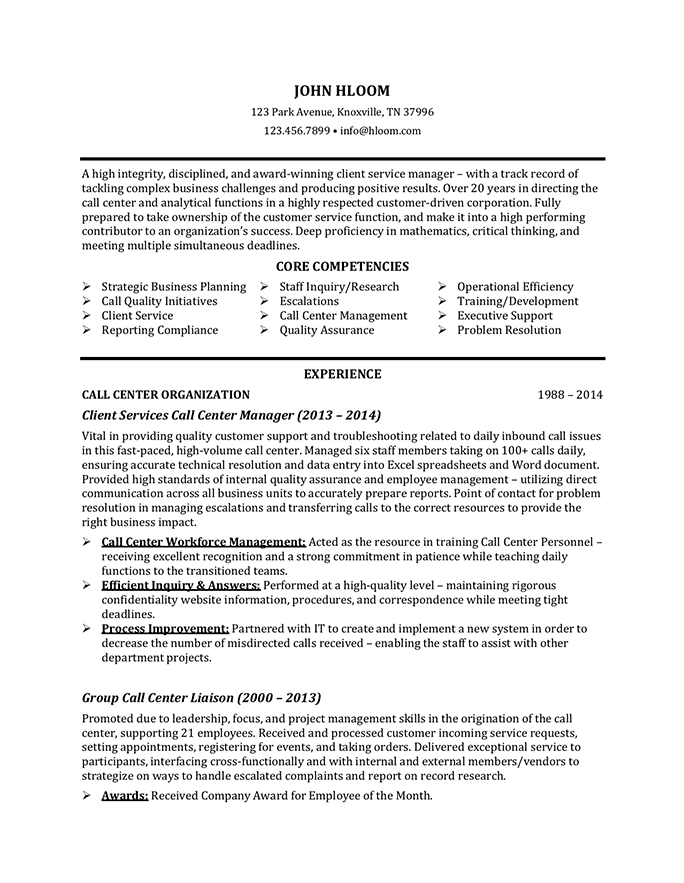 Call Center Supervisor resume template