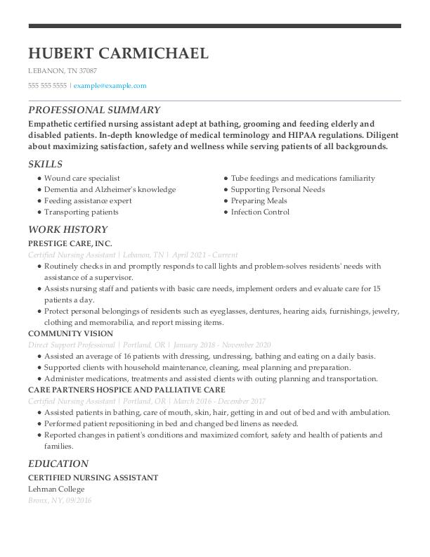 Certified nursing assistant resume example