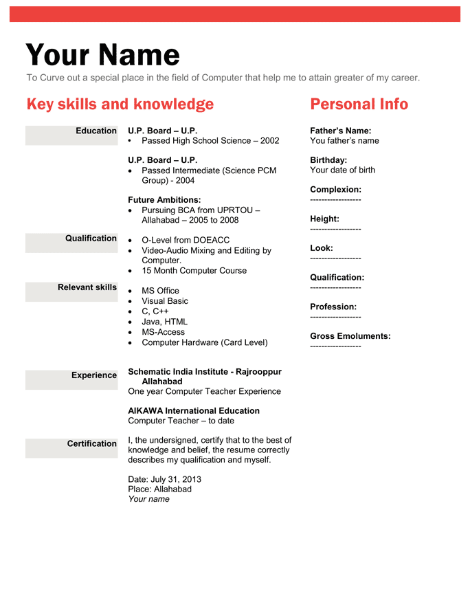 biodata format educational qualification