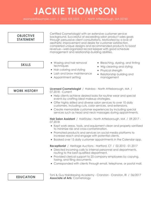 Cosmetologist Resume Objective Example
