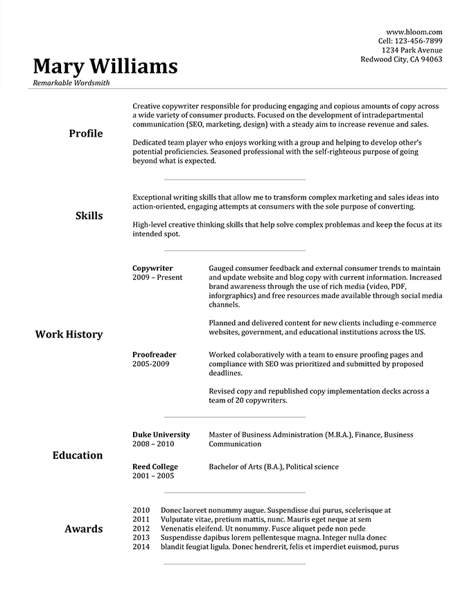 Creative Copywrite Professional Resume Sample