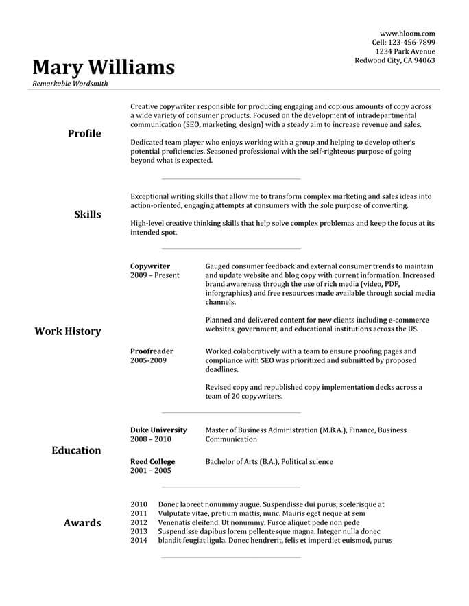 Creative copywriter resume sample
