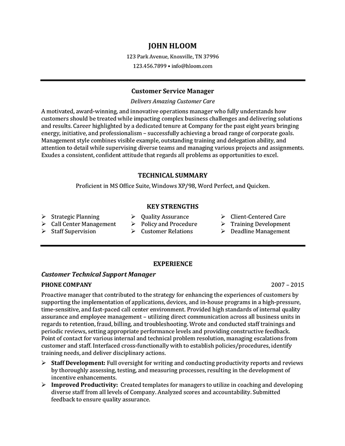 Customer Service Manager resume template