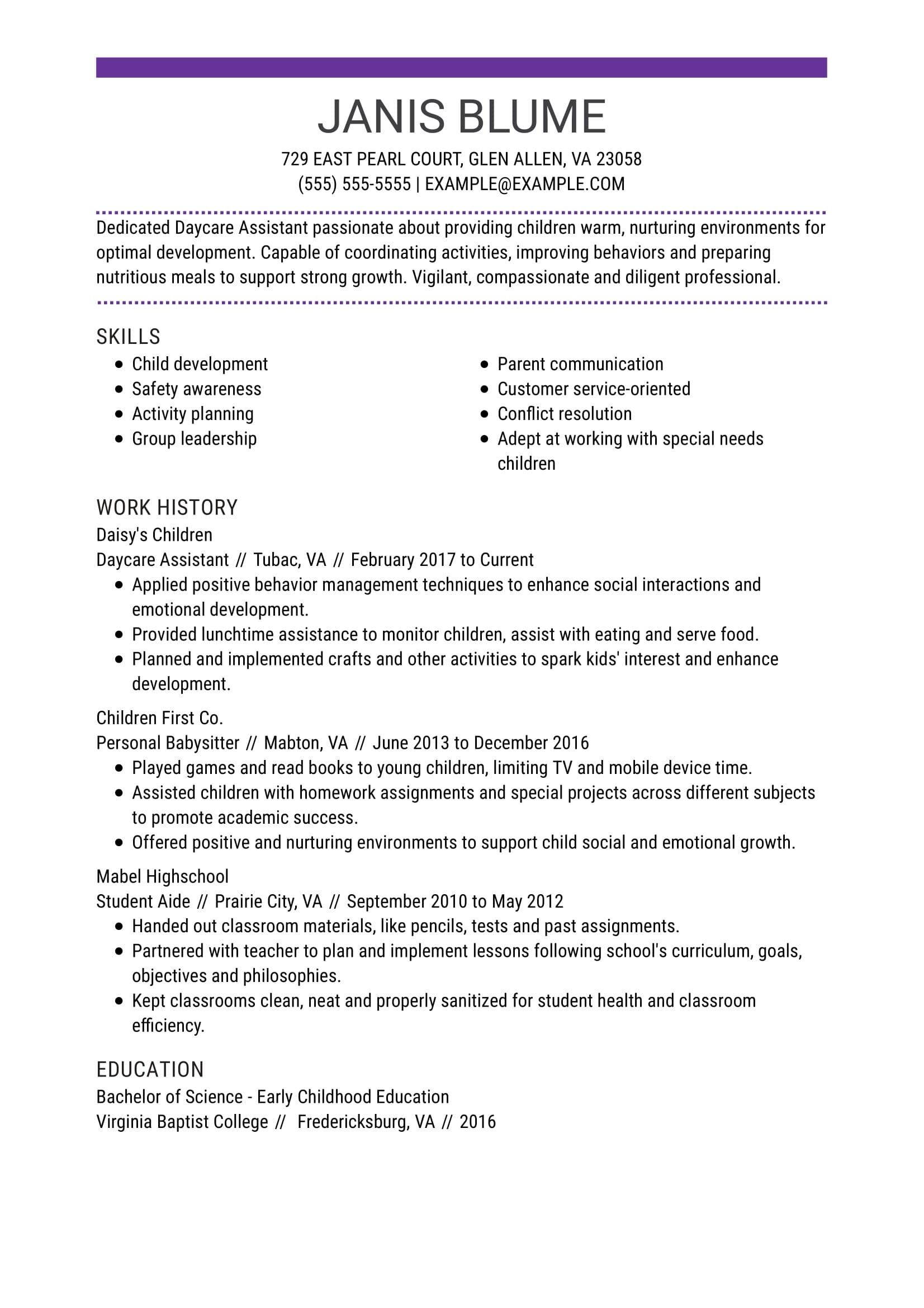 Daycare Assistant Combination Resume Template