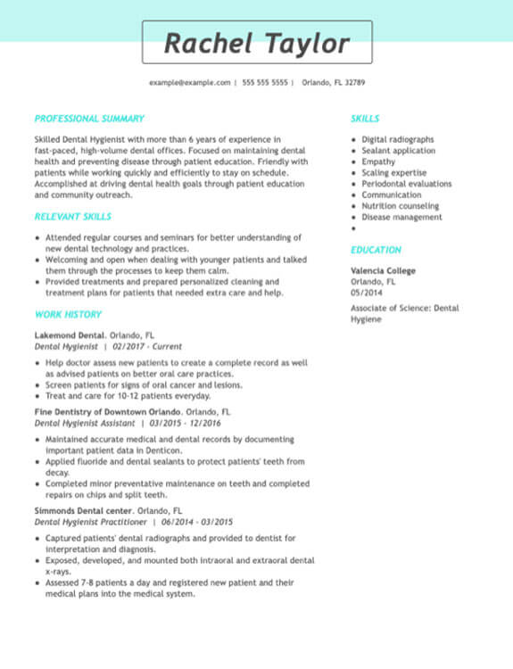 Dental Hygienist resume example