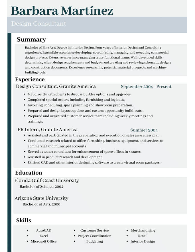 Design Consultant Chronological Resume Template