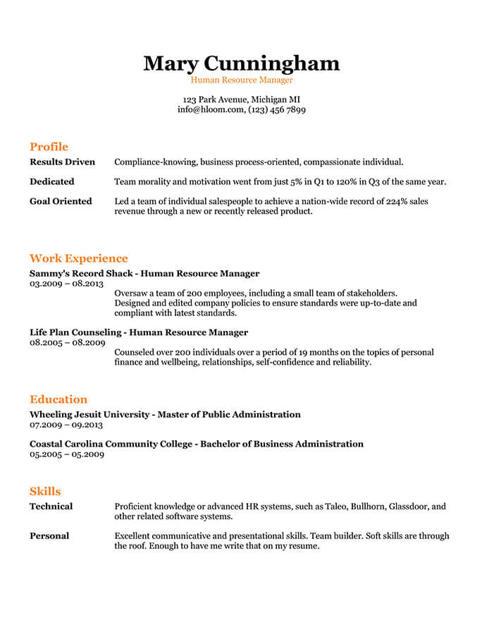 Experienced Human Resource Manager Resume Sample