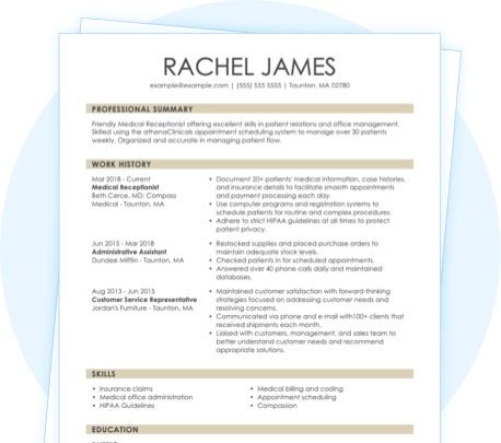 Experienced medical receptionist resume sample