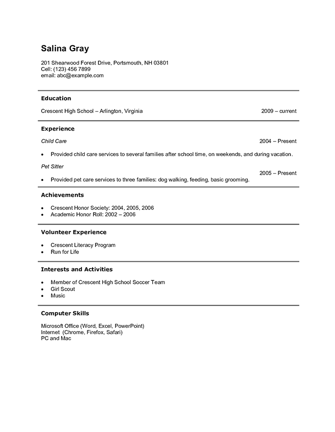 Resume writing for a high school student